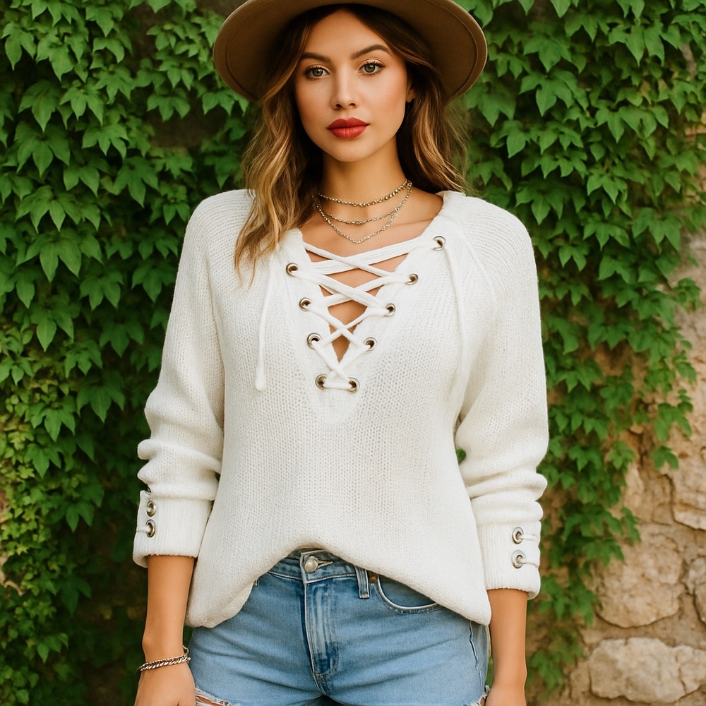 NWT SEEK Casual Oatmeal Rib-Knit Laced Oversized Cabincore Sweater, XS